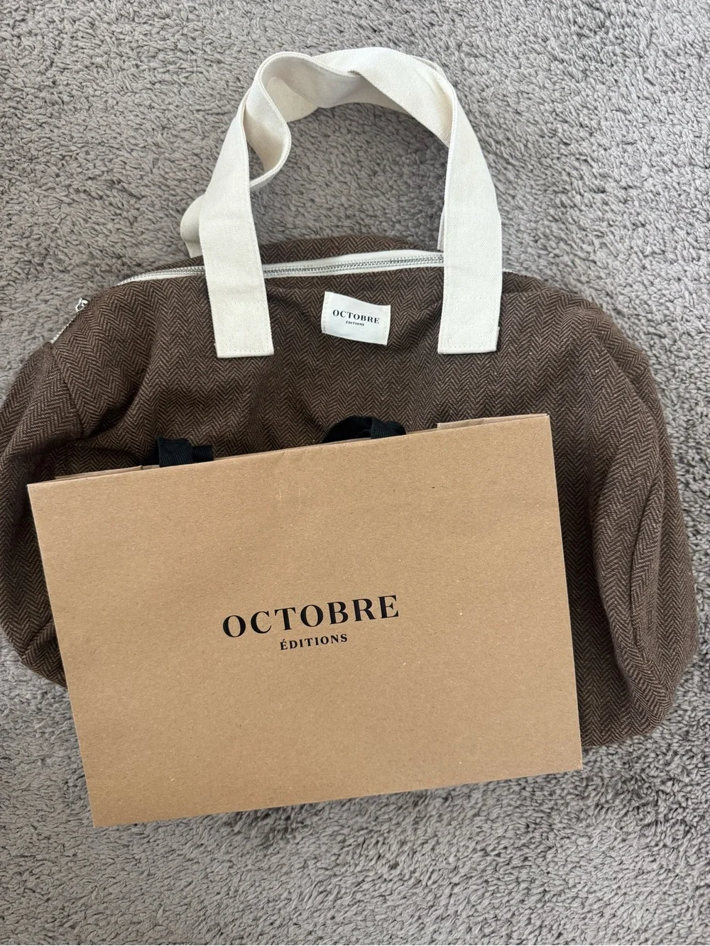 Brown Canvas Weekend Tote with Cream Handles new